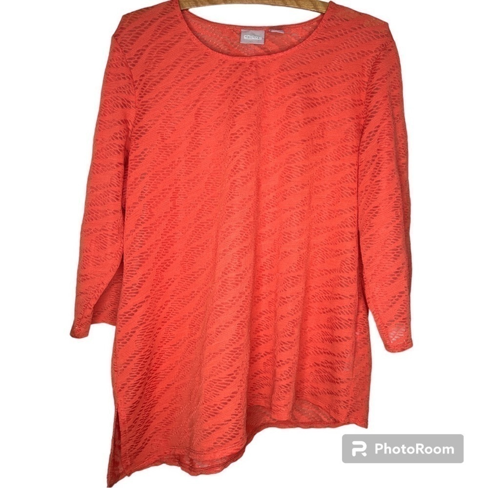 CHICO’S Uptown Orange Semi-Sheer Burnout Mesh Top Size 3 XL